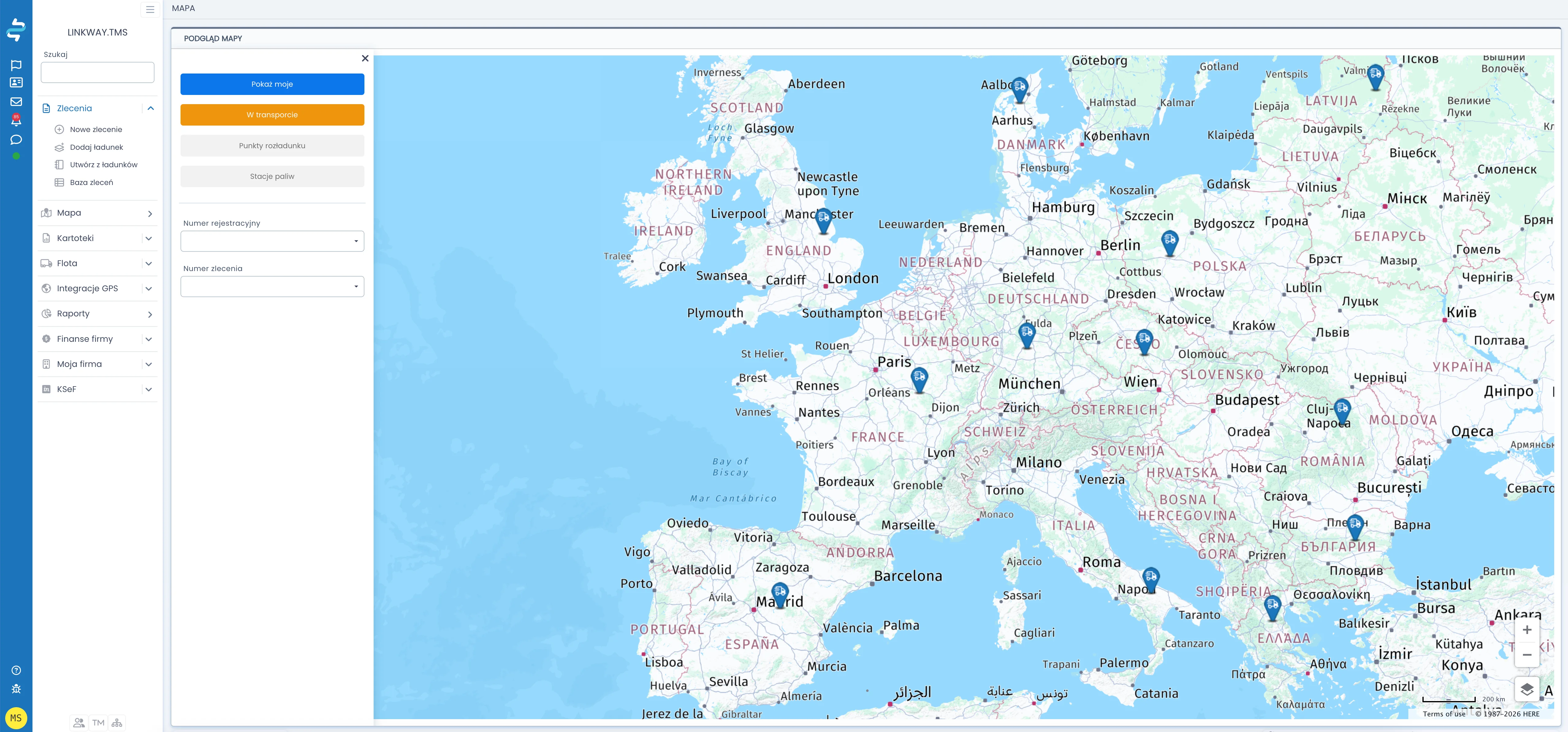 Mapa floty GPS w Linkway na tle Europy