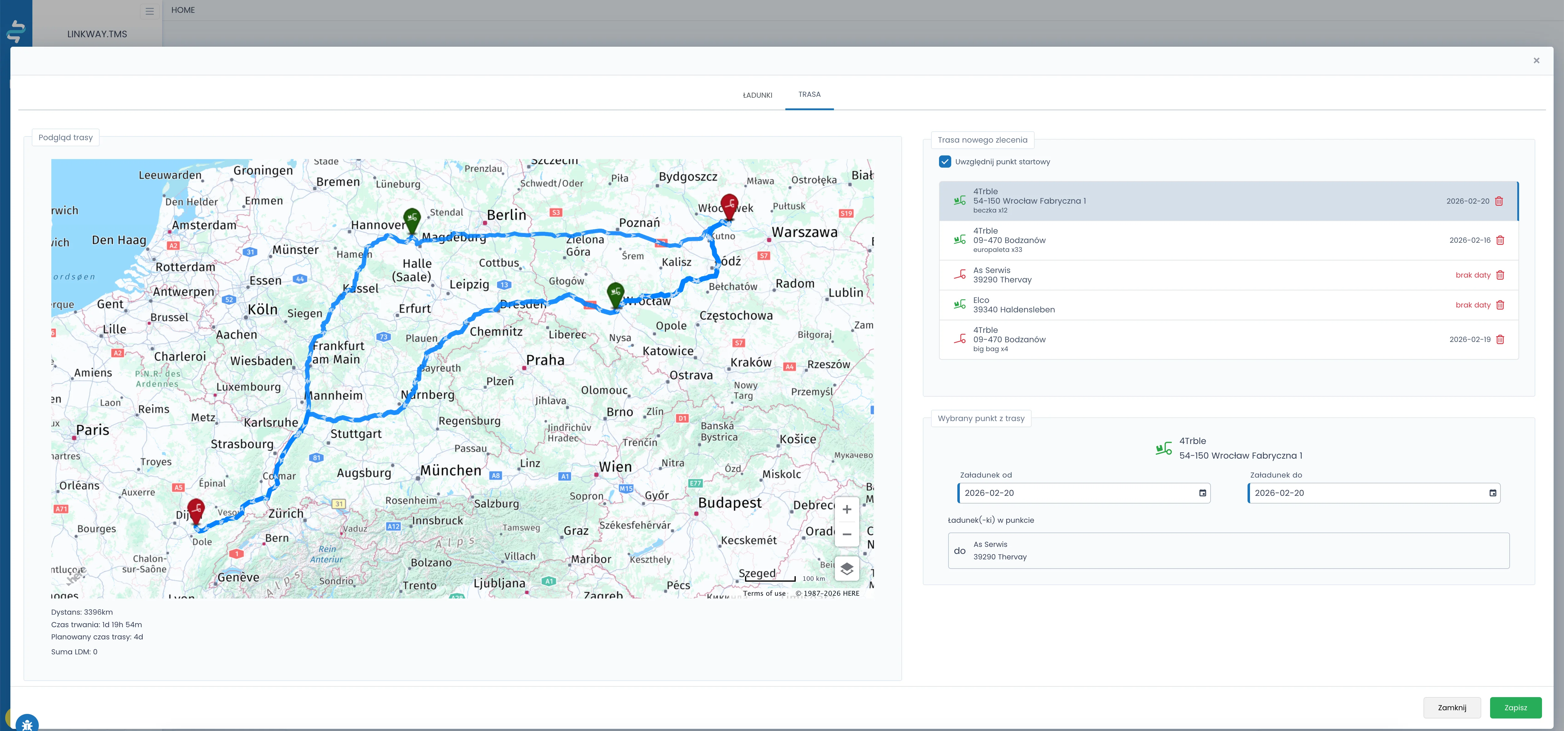 Mapa trasy zlecenia w Linkway TMS na tle Europy z punktami przewozu