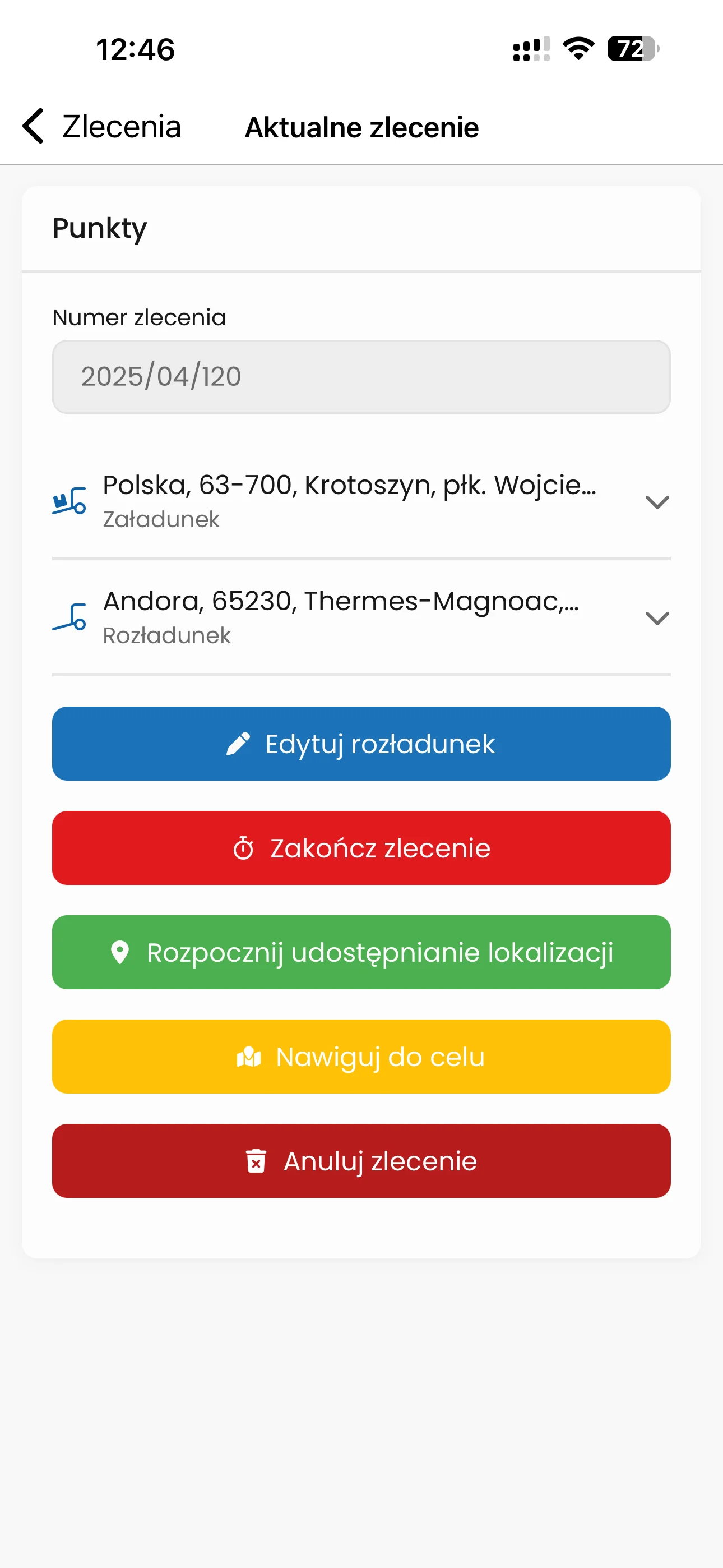 Ekran aktualnego zlecenia w Linkway TRACKER z punktami załadunku i rozładunku oraz przyciskami nawigacji i zakończenia zlecenia