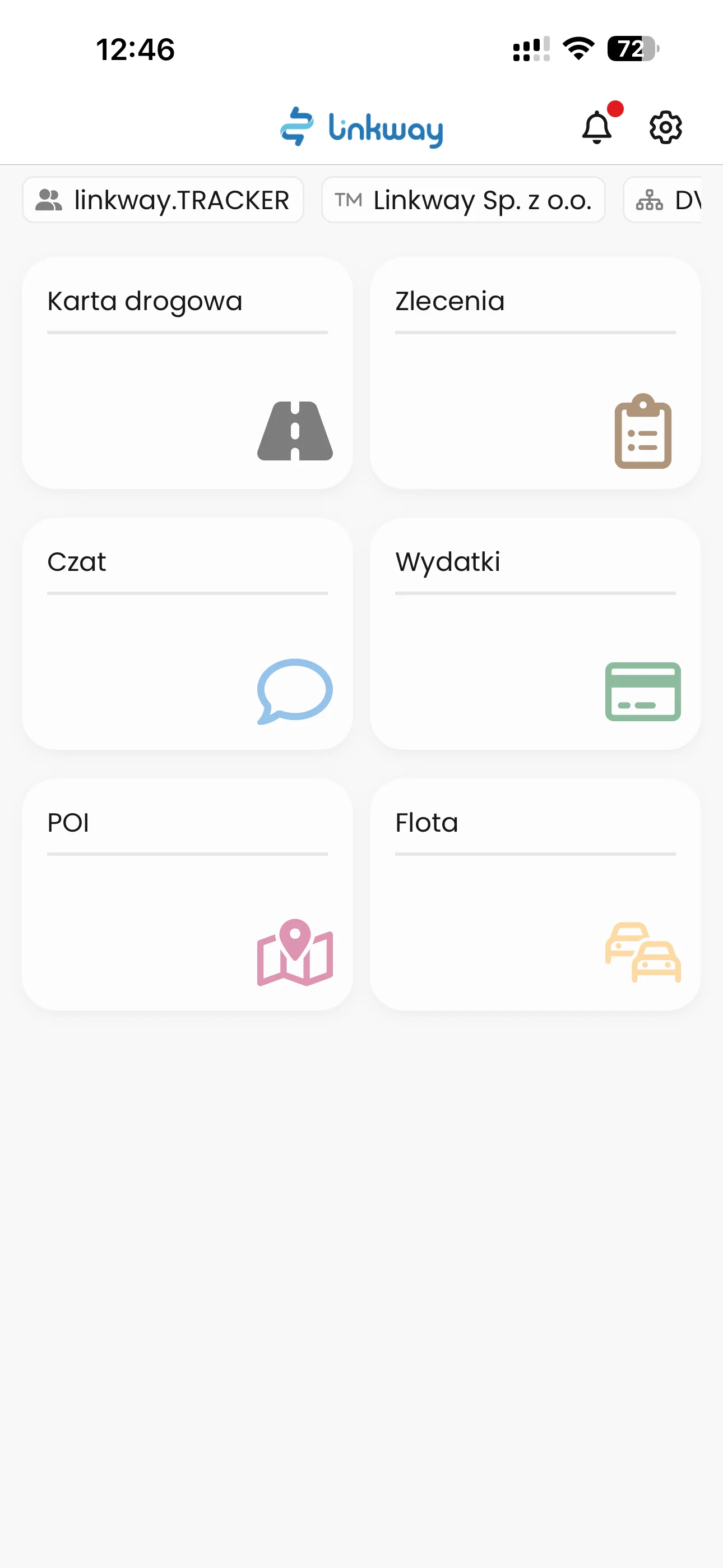Ekran główny aplikacji Linkway TRACKER w jasnym motywie z kaflami karta drogowa, zlecenia, czat, wydatki, POI i flota