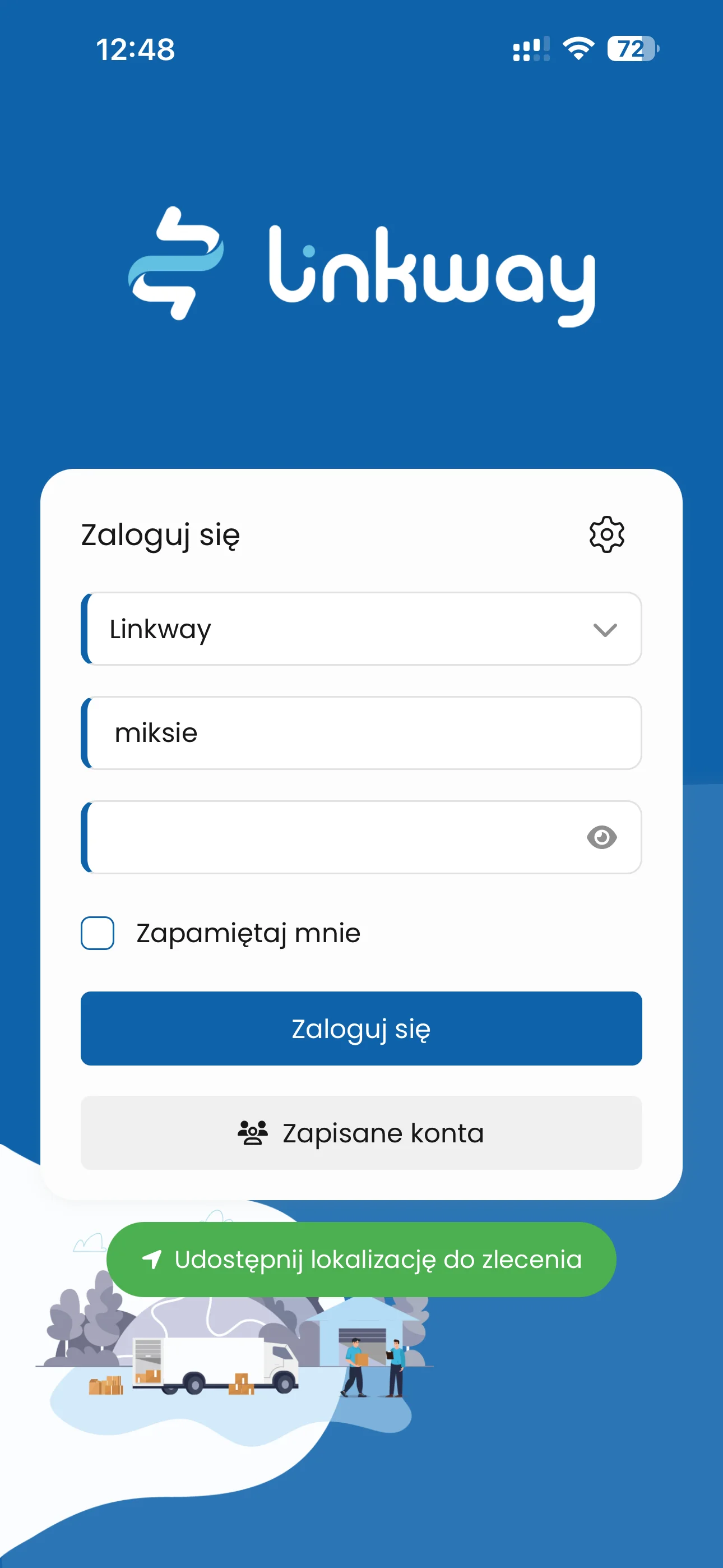Ekran logowania do aplikacji Linkway TRACKER