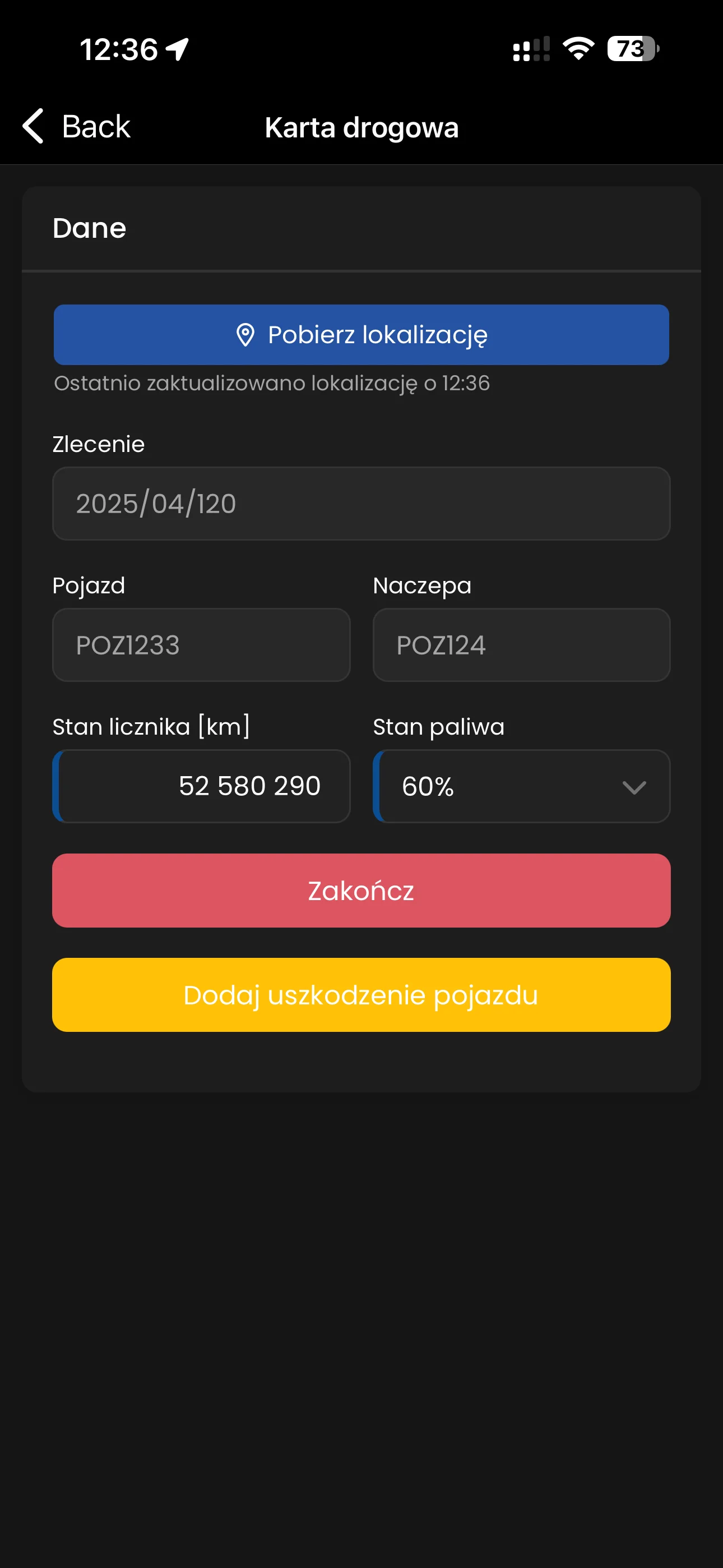 Karta drogowa kierowcy w aplikacji Linkway TRACKER w ciemnym motywie