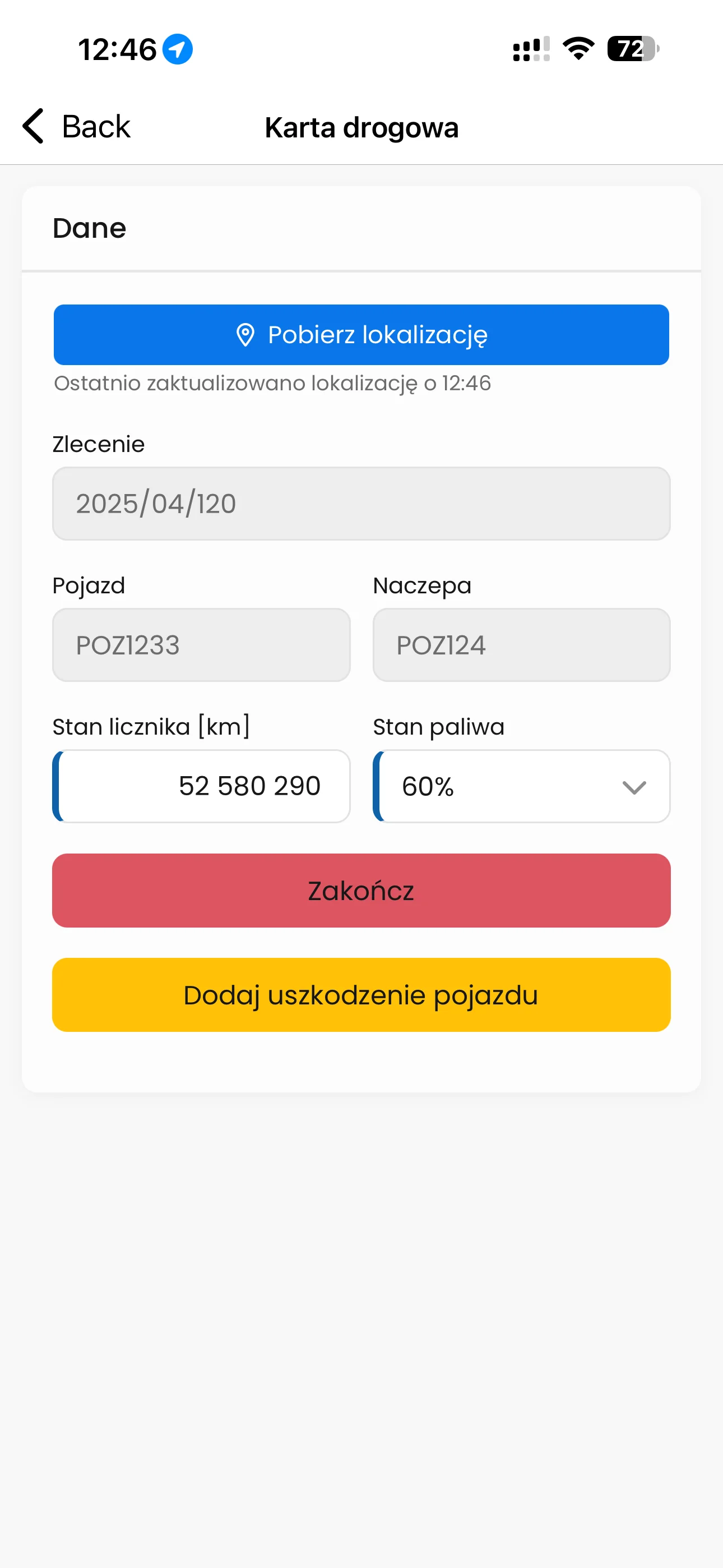 Ekran karty drogowej w aplikacji Linkway TRACKER w jasnym motywie z numerem zlecenia, pojazdem, stanem licznika i paliwa