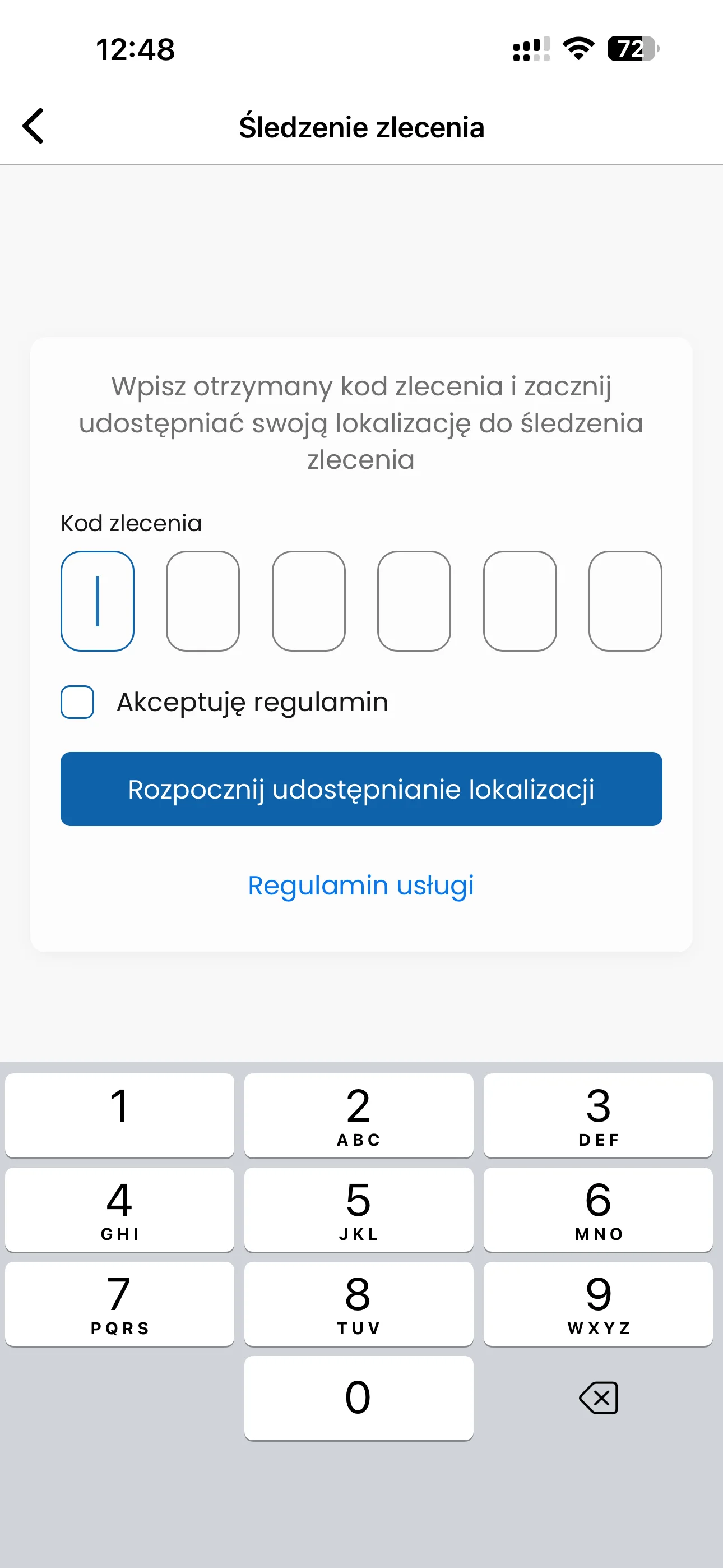 Śledzenie zlecenia kodem w aplikacji Linkway TRACKER