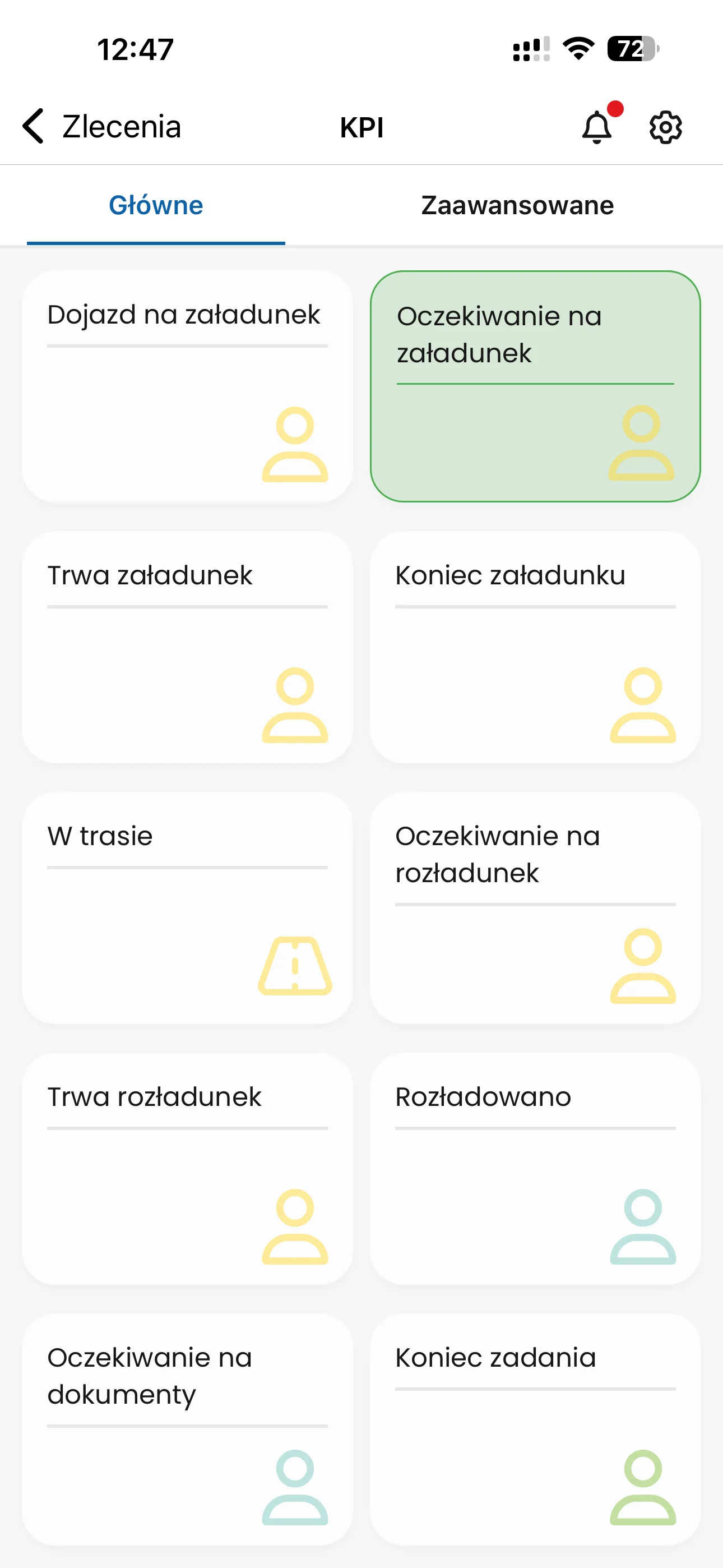 Ekran statusów zlecenia w Linkway TRACKER z kafelkami dojazd na załadunek, w trasie, rozładowano i koniec zadania